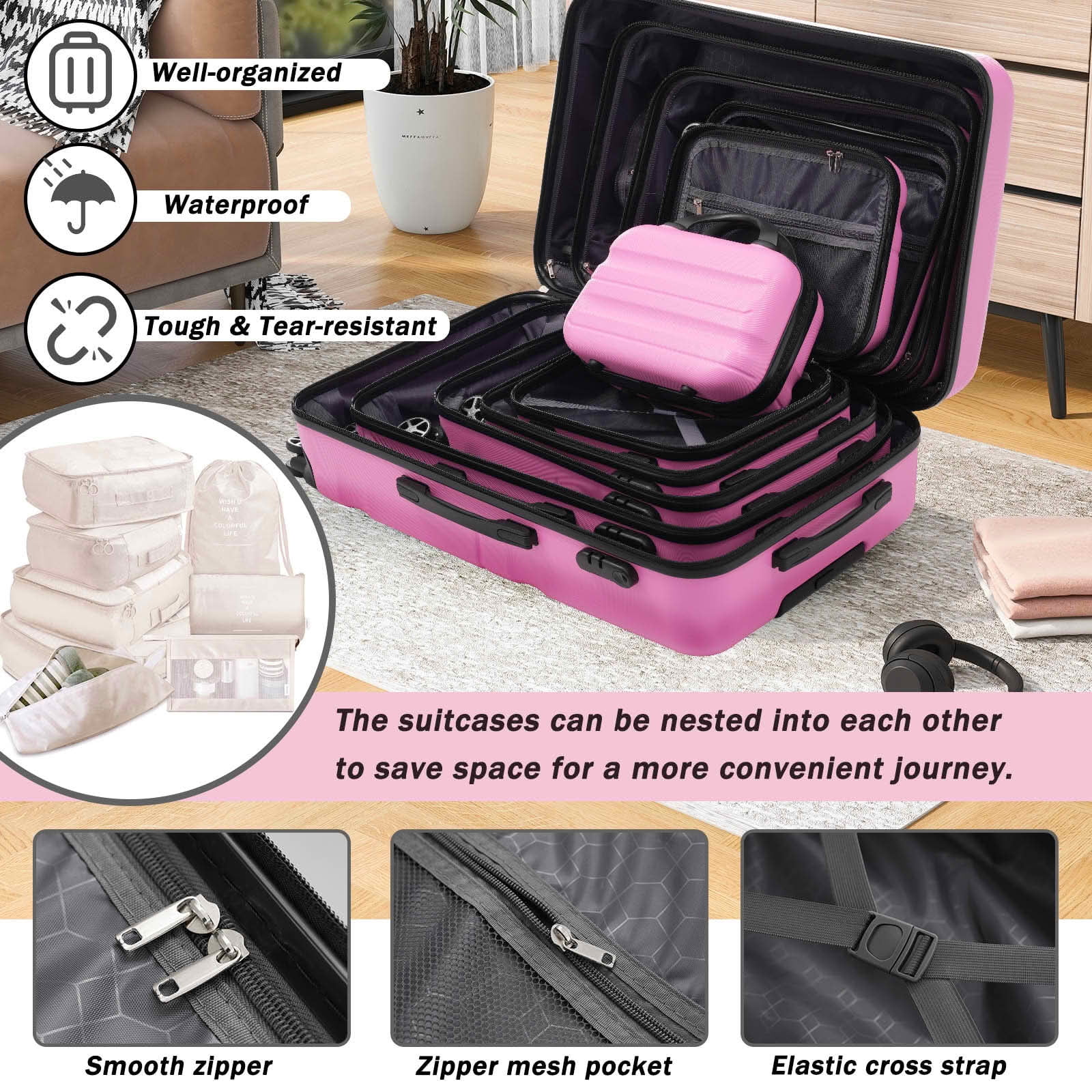 MAYEERTY 6 Piece Hardshell Luggage, Lightweight ABS Suitcases with Spinner Wheels, TSA Lock and Side Hooks for Short and Long Trips