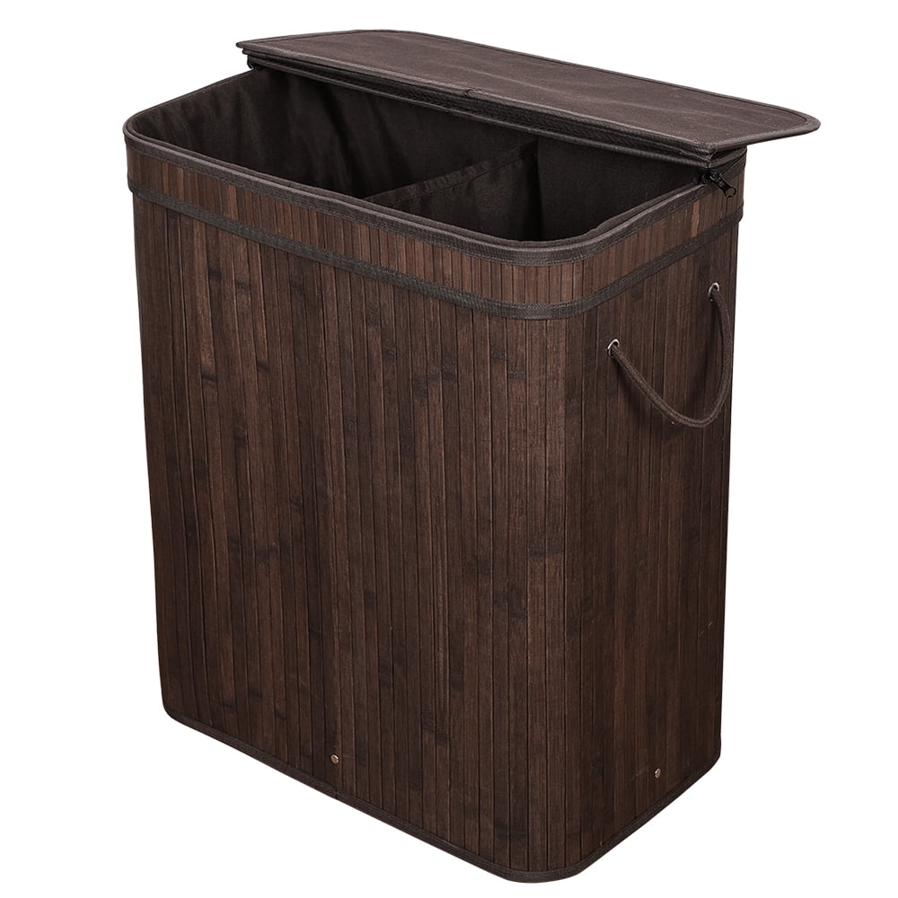 WAYTRIM Indoor Rectangular Bamboo Laundry Hamper Double