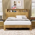 thumbnail image 3 of Queen Bed Frame with Bookcase Headboard, Wooden Platform Bed Frame Queen Size with Charging Station, Noise Free, No Box Spring Needed, Natural, 3 of 9