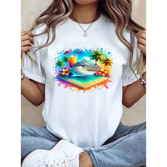 Colorful Cruise Ship Tropical Paradise Beach Scene T Shirt Summer Vacation Travel Themed Graphic Tee For Women Men Unisex Casual Wear Gift Idea For Holidays And Festivals,220g