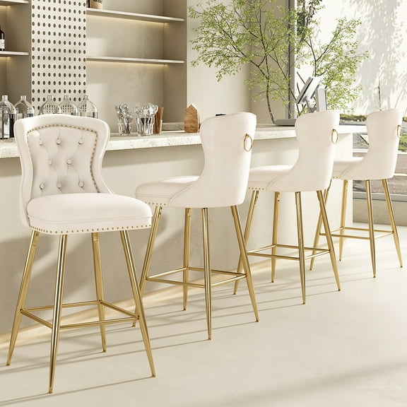 STARY Bar Stools Set of 4, Velvet Counter Height Stools with Metal Legs for Kitchen, Dining Rooms, Pubs (Beige, 26")