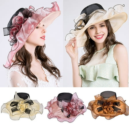 Large Brim Organza hat-Vbiger Womens Large Brim Organza Hat Kentucky Derby Organza Floral Ruffles Wide Large Brim Tea Party Wedding Sun Hat Beach Sunbonnet