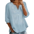 thumbnail image 4 of Outfmvch Womens Gauze Shirts 3/4 Sleeve Button Down Shirts Gauze Shirts Boho Retro Embroidered Tops Cotton Linen Shirts Travel Vacation Tops Long Sleeve Textured Collared Half Sleeve A9 Light Blue S, 4 of 9