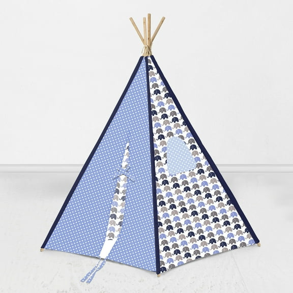Bacati - Elephants Teepee Tent for Kids/Toddlers, 100% Cotton Breathable Percale Fabric Cover, Blue/Grey