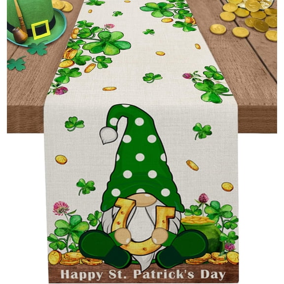 Shamrock Gnome St. Patrick''s Day Table Runner, Holiday Table Runners for Dining Table Kitchen Decor Burlap Table Runners 90 Inches Long, St Patricks Day Decorations Dresser Scarf 13x90in