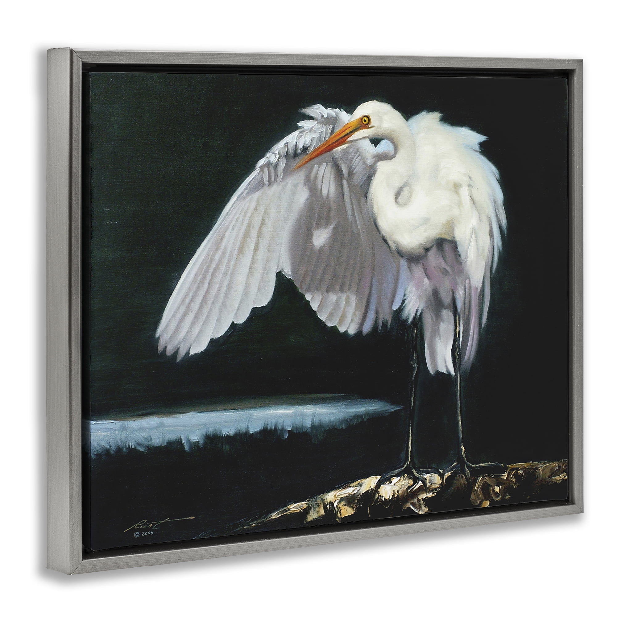 Stupell Industries Stoic Heron Standing Animals & Insects Painting Gray Floater Framed Canvas Art Print Wall Art, 31 x 25