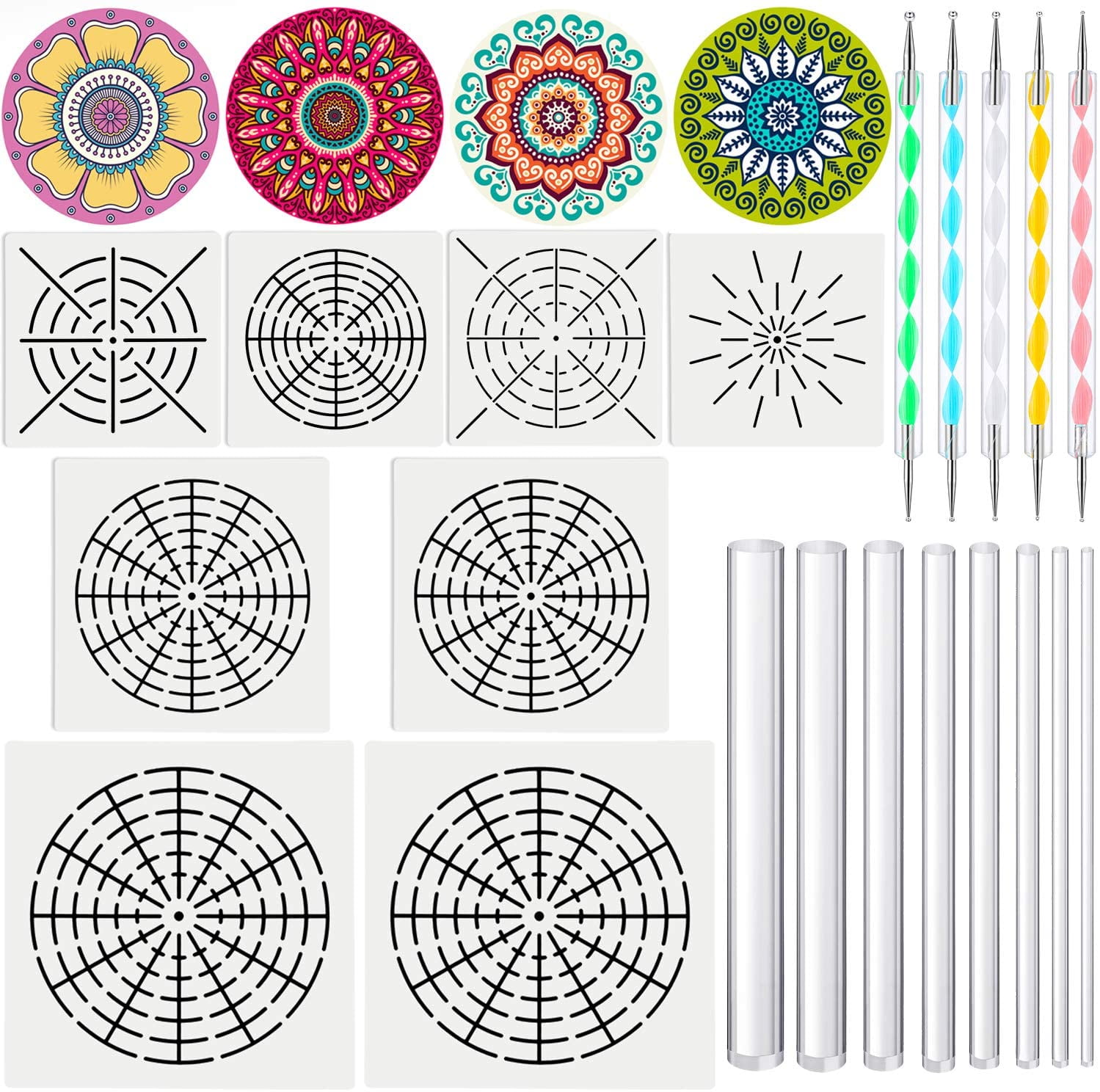 21 Pieces Mandala Dotting Stencil Tool Set, Includes 8 Mandala Dotting Stencil 8/12/ 16 Segment