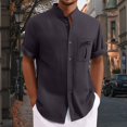 thumbnail image 3 of Men Linen Hawaiian Shirt Short Sleeve Button Down Stand Collar Beach Vacation Summer Holiday Casual Shirt with Palm Tree Print Tees, 3 of 4