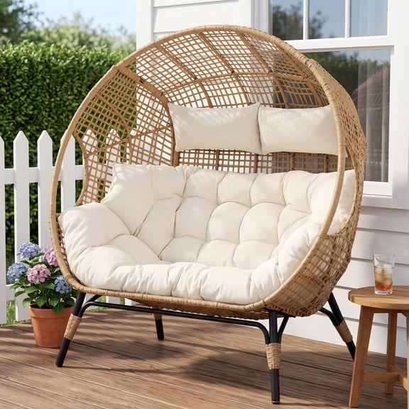 RADIATA Double Egg Chair Indoor Outdoor Stationary Oversized Thicken Padded Cushions,2 Person Egg Loveseat Chair,600 lbs Extra Large Lounge Chair for Patio Balcony Porch Backyard Beige