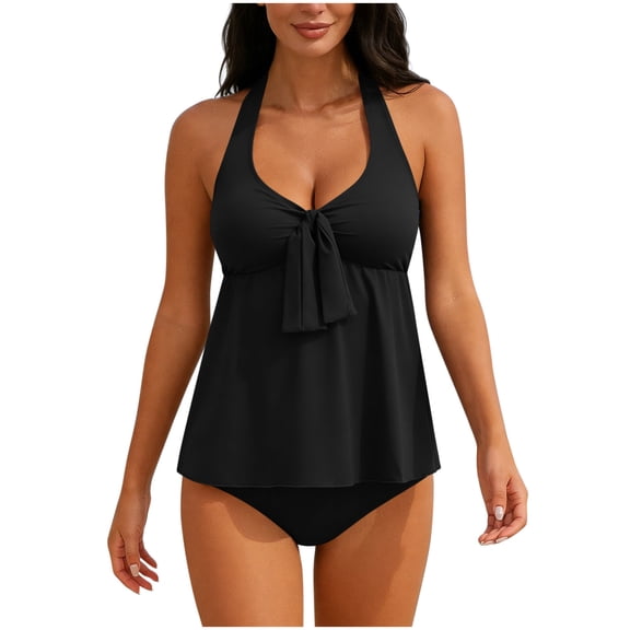 RQYYD Women's Tankini Swimsuits Tummy Control Two Piece Bathing Suit V Neck Tie Front Flowy Swim Top with Bottom