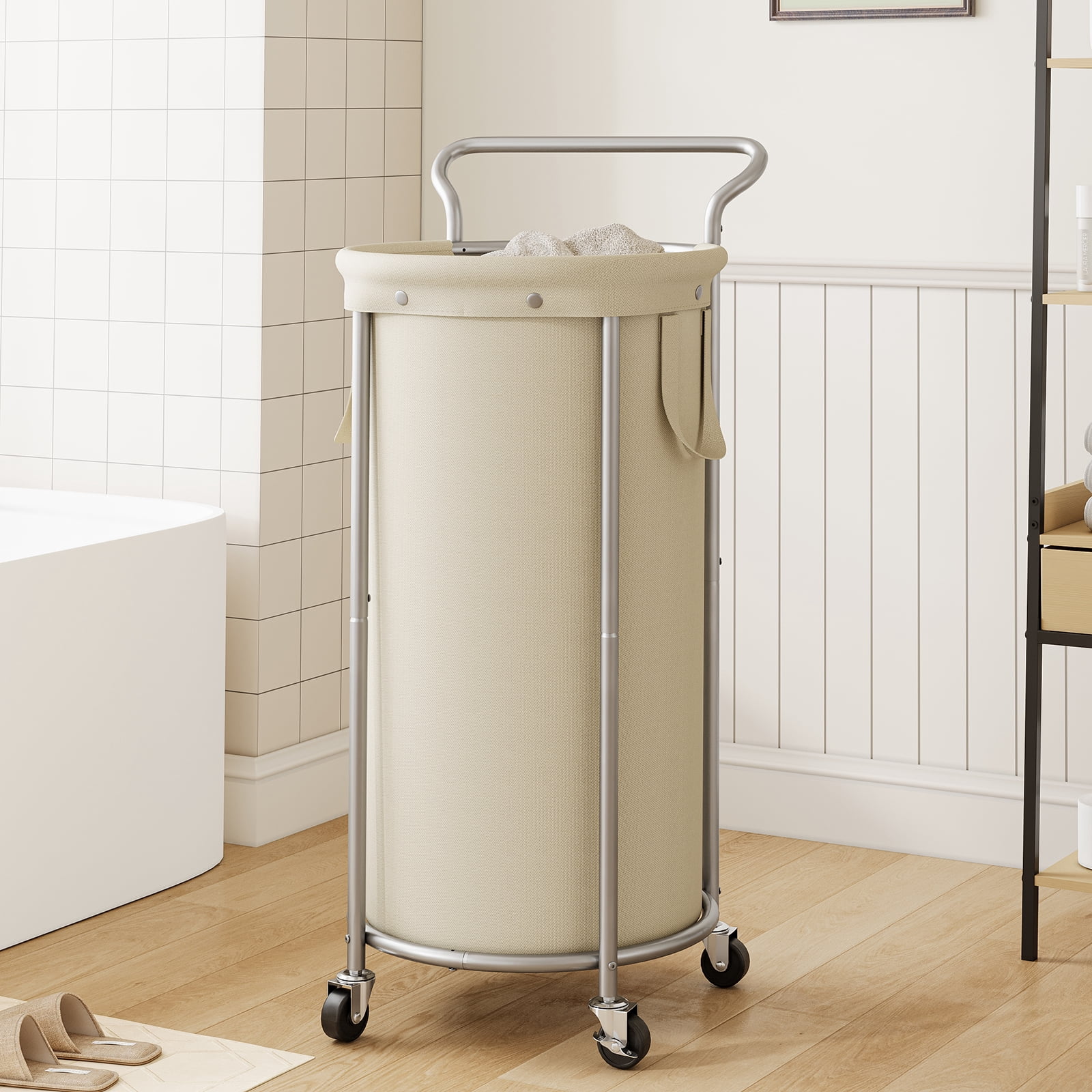 BGTREND 110L Rolling Laundry Hamper with Removable Bag, Round Steel Frame and Handle, Beige