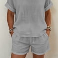 thumbnail image 4 of Zynoxe Womens Plus Size Short Sets Casual Cotton Linen Crew Neck Top and Shorts Matching Outfits with PocketsGrayS, 4 of 7