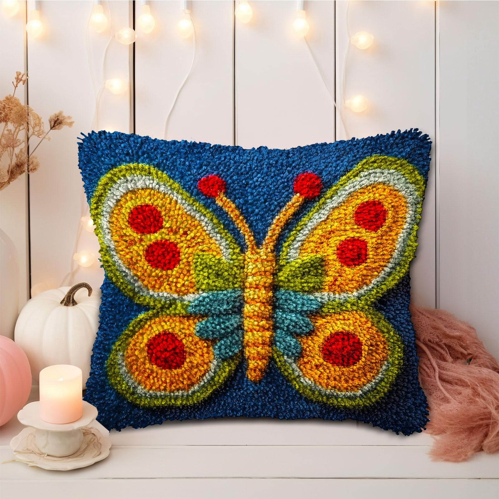 DIY Latch Hook Pillow Kits Yellow Butterfly with Red Wing Printed Pillowcase Crochet Yarns Hooking Handmade Pillow Cover Cushion for Home Sofa Decoration 17x17inch-3