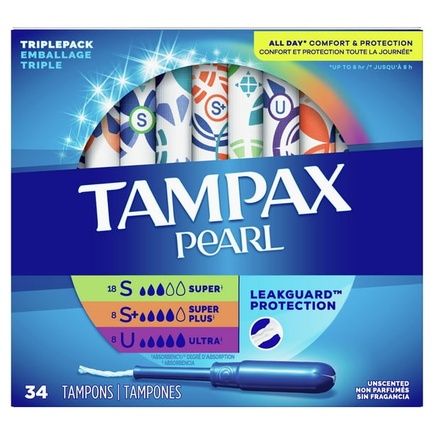 Tampax Pearl Tampons, Unscented, Super, Super Plus and Ultra, 34 Ct