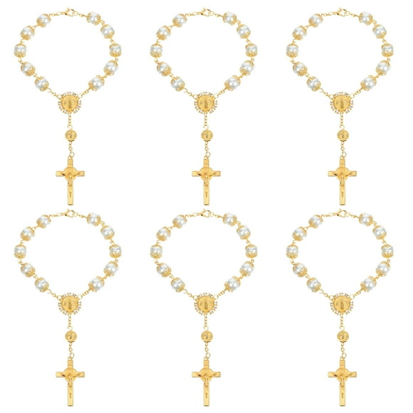 KAKOWELY Pulsera de cruz cristiana con 6 cuentas de rosario y perlas artificiales, joyería decorativa