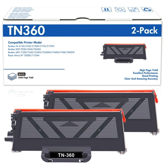TN360 2-Pack High Yield Toner Cartridge Compatible for Brother TN360 TN-360 TN330 TN-330 to use with HL-2140 HL-2170W MFC-7840W MFC-7340 MFC-7440N MFC-7345N DCP-7030 DCP-7040 Printer Ink