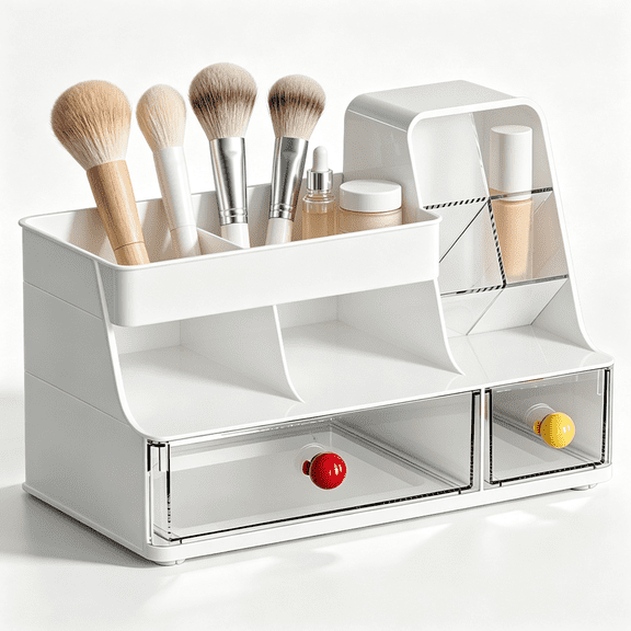 Makeup Organizer with Drawers, Large Capacity Skincare Organizer for Vanity, Multifunctional Cosmetic Storage Box with Brush Holder, Dustproof Desk Organizer for Bathroom Bedroom Countertop