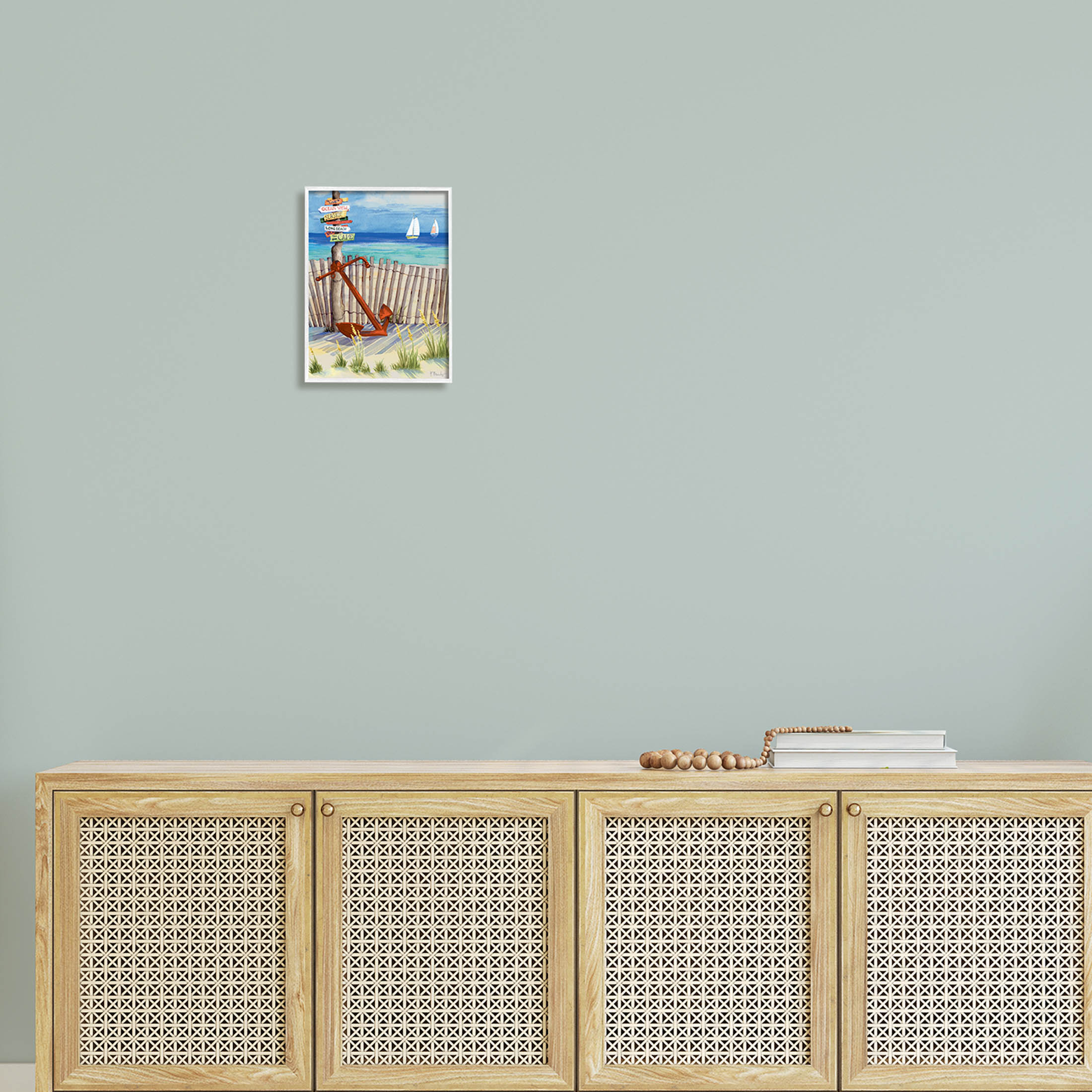 Anchor Leaning Beach Directions Sign Coastal Painting White Framed Art Print Wall Art