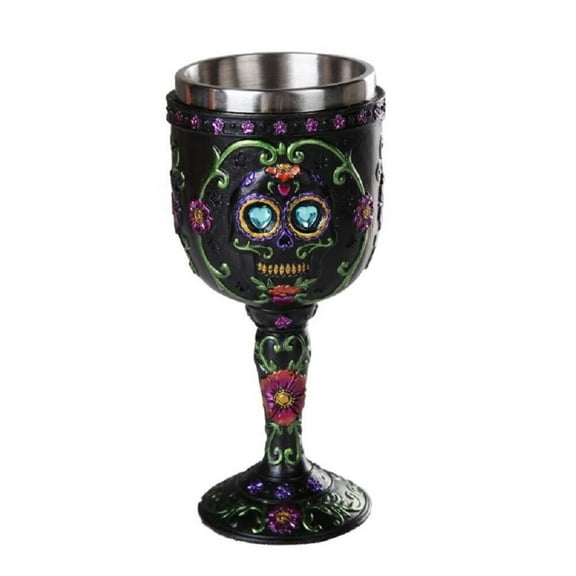 Pacific Giftware Day of The Dead Celebration Black Sugar Skull Floral Design Collectible Wine Goblet 7oz