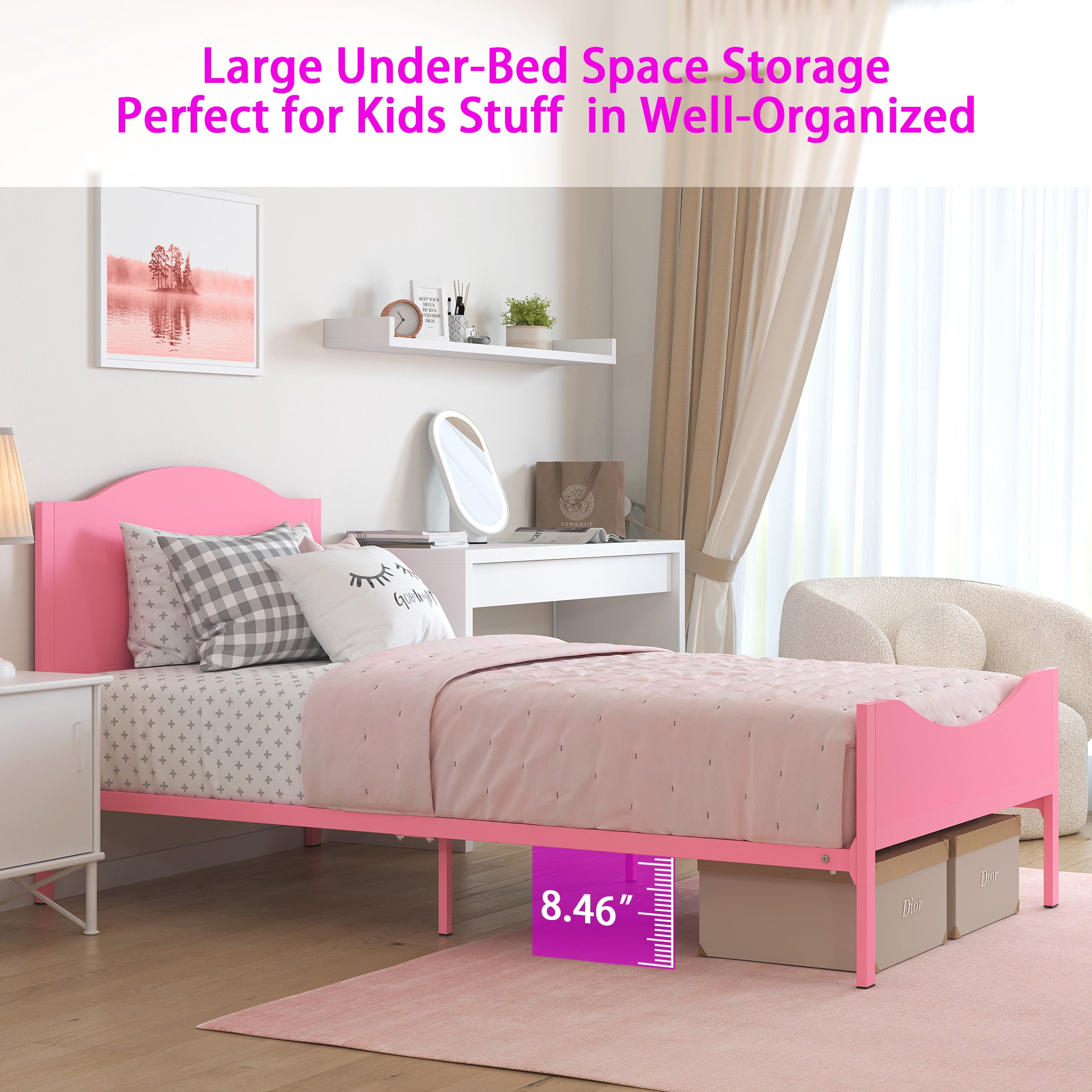 Yoneston Kids Twin Metal Platform Bed Frame with Wood Headboard for Girls, Toddler, Kids, and Teens, Pink