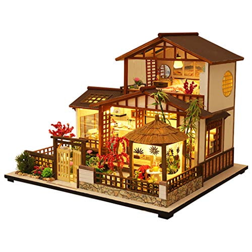 Spilay DIY Dollhouse Miniature with Wooden Furniture Kit,Handmade Mini Home Craft Villa Garden Coffee Model Plus Dust Cover & LED,1:24 Scale Creative Doll House Toys for Teens Adult Gift GB01