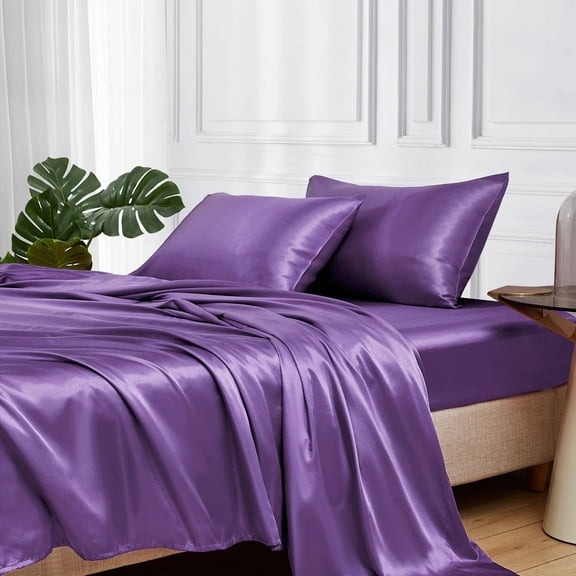 MR&HM Satin Sheet Set Queen 4 Pcs, Silky Elegant Luxurious Queen Size Bed Sheets, with Flat Sheet, Deep Pocket Fitted Sheet for Mattress and Matching Satin Pillow Cases (Queen Size, Lavender)