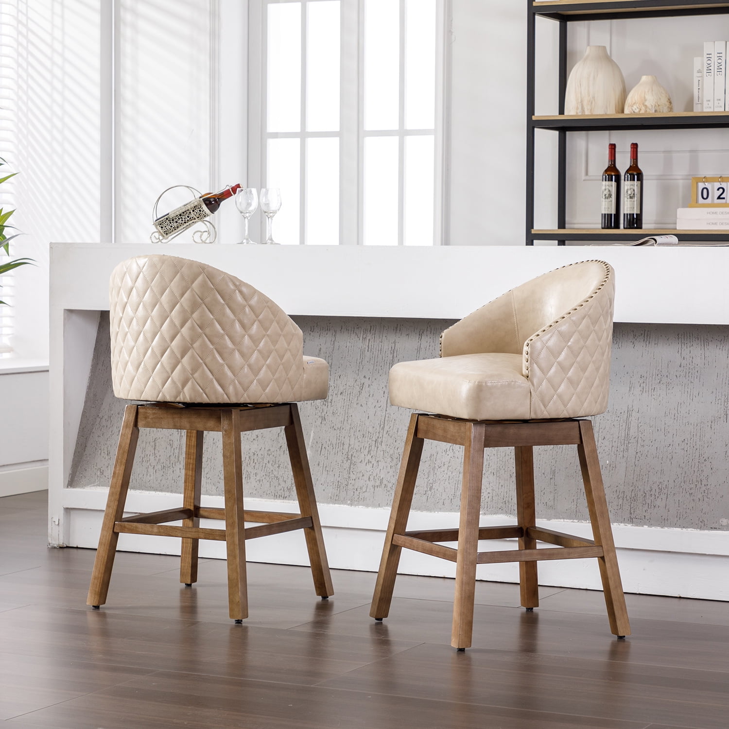 Demi Bonn 39" Counter Height Bar Stools Set of 2, PU Leather Upholstered Swivel Barstools with Backrest, Kitchen Island Countertop Chairs for Dining Room, Beige