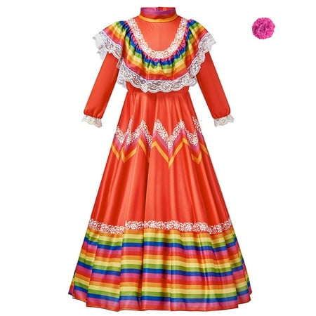 

MHZLDYZ Clearance Girls Outfits Kids Child Girls Mexican Traditional Dress National Style Long Sleeve Dance Princess Dress With Headdress Flower Cosplay Carnival Birthday Party Dress (Red S)