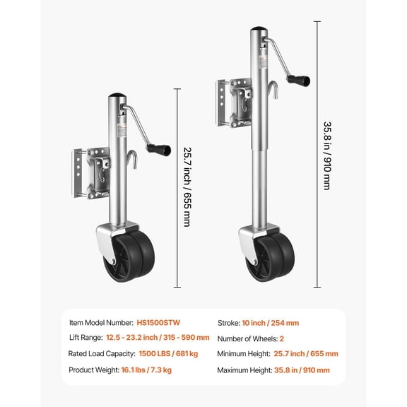 Trailer Jack with Wheel,1500 lbs Load Capacity,Heavy Duty Swivel Boat Trailer Jack with PP Single Wheel&Ergonomic Handle,12-"Lift,Fit for RVs,Boats,Horse Trailers,Utility Trailers