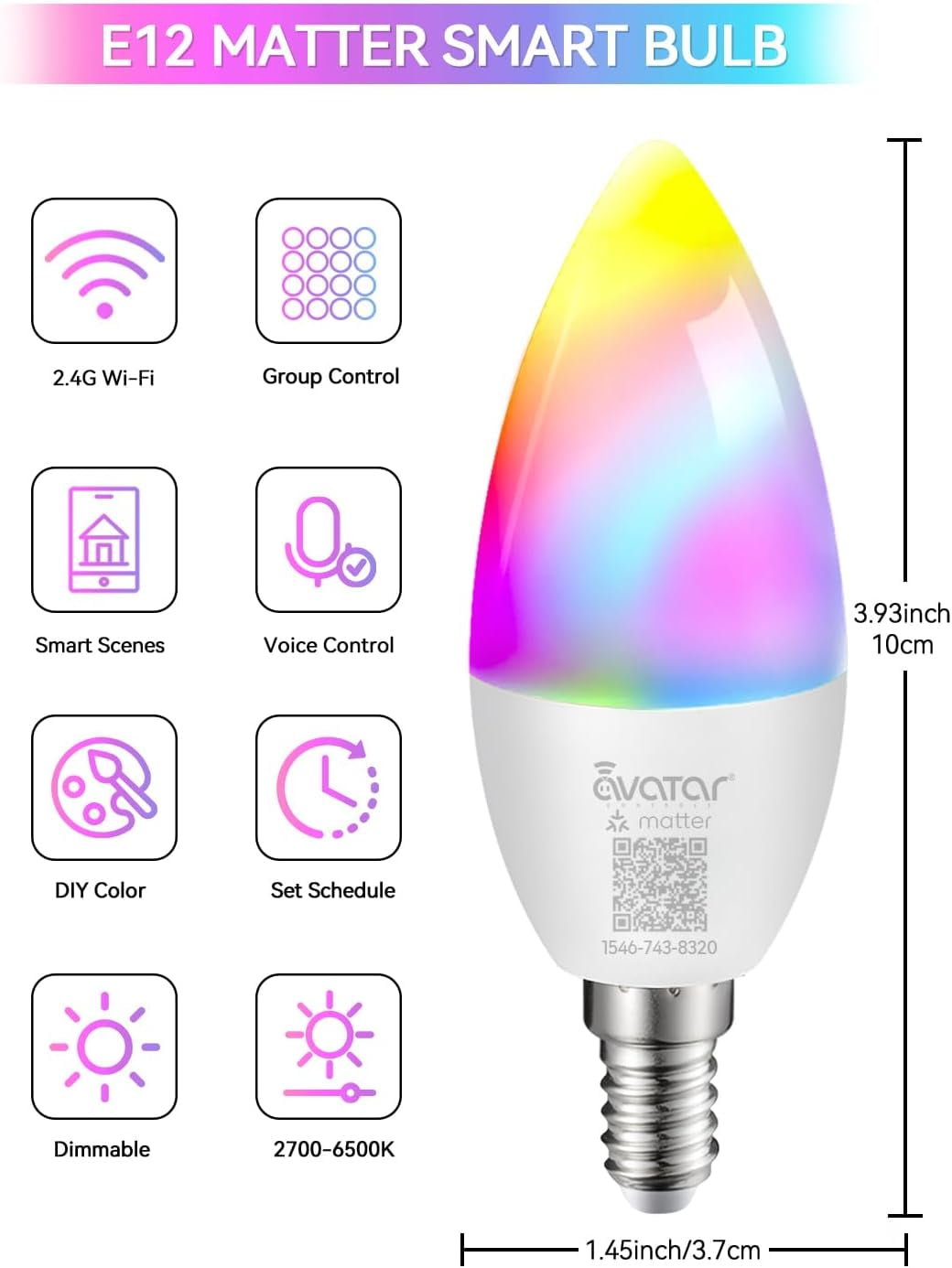E12 Smart Candelabra LED Bulbs Matter Enabled RGB Tunable White Candle Light 5W Dimmable Works with Apple Home & Alexa (Hub Required) Chandelier & Ceiling Fan Bulbs