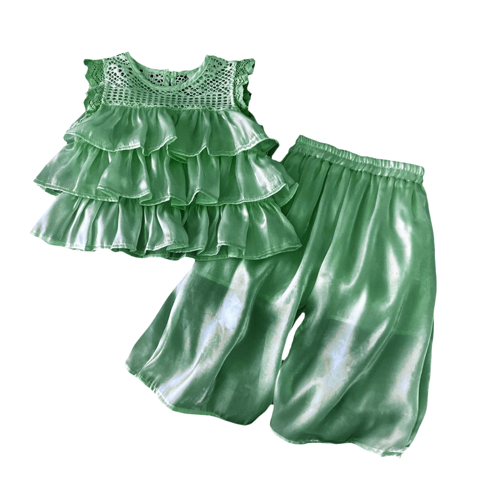 Pandaie 2-10Y Baby Girl Clothes Ruffle Smocked Sleeveless 3 Layered Tutu Shirt Tops Wide Leg Baggy Pants Toddler Summer Beach Outfit Green 140(9-10 Years)