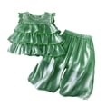 thumbnail image 3 of Pandaie 2-10Y Baby Girl Clothes Ruffle Smocked Sleeveless 3 Layered Tutu Shirt Tops Wide Leg Baggy Pants Toddler Summer Beach Outfit Green 100(3-4 Years), 3 of 9