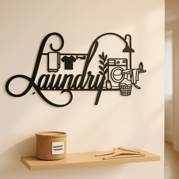 HELLOYOUNG 15 Inch Charming Laundry Room Metal Sculpture – Rustic Farmhouse Sign Laundry Room Decoration, Intricate Metalwork Ideal Hanging Decor for Modern Laundry Area & Home