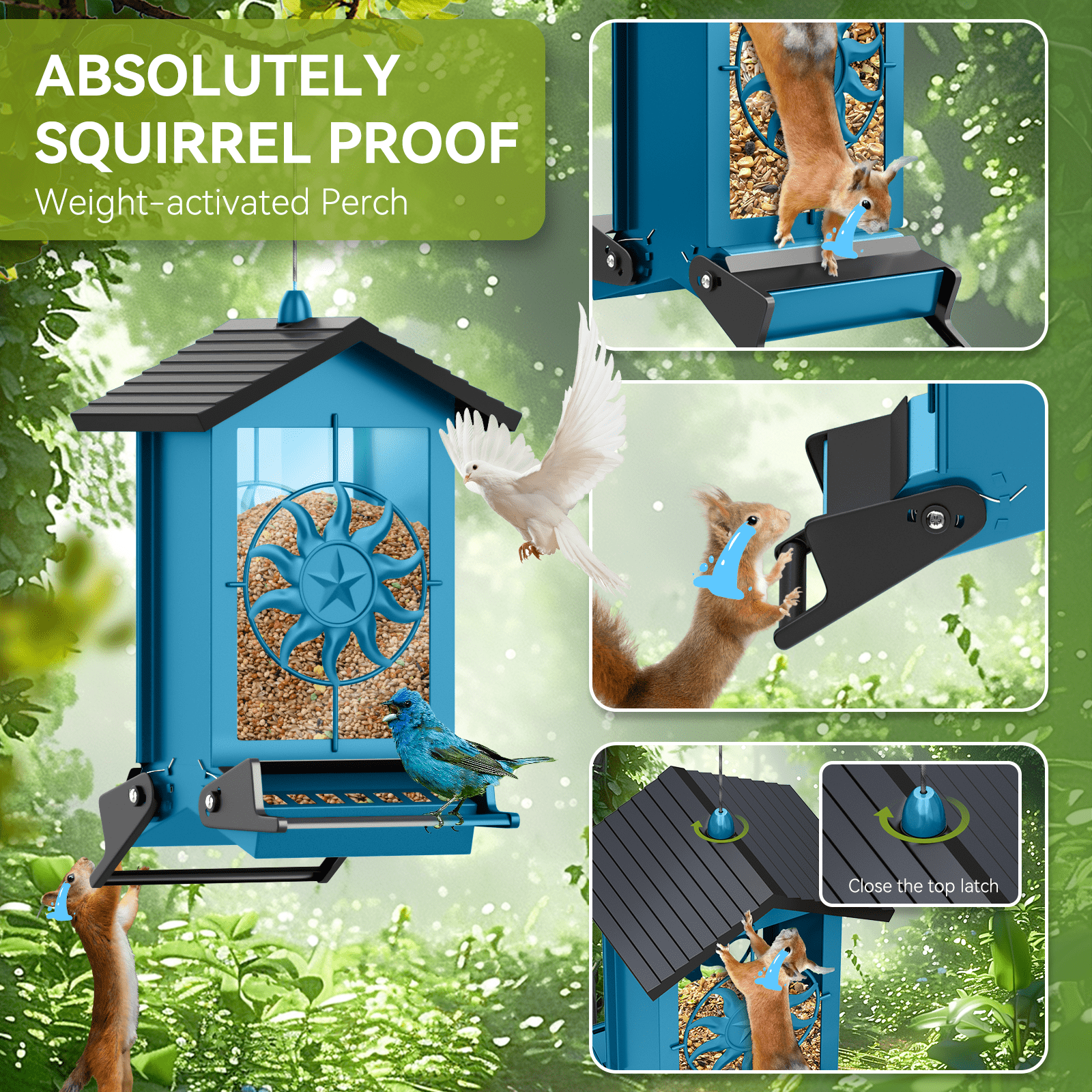 Squirrel Proof Bird Feeder for Outdoors Hanging, Metal Wild Bird Seed Feeder with Bilateral Weight-Activated Perches, 5LB Large Capacity Wild Bird Feeders for Outside Finch, Cardinal, Blue Jay