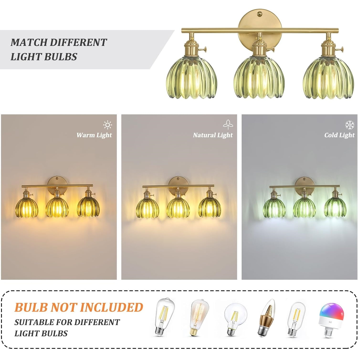 Bathroom Light Fixtures, 3-Light Brass Vanity Wall Light Over Mirror with Green Tulip Glass Shade for Bedroom Living Room (Bulb Not Included)