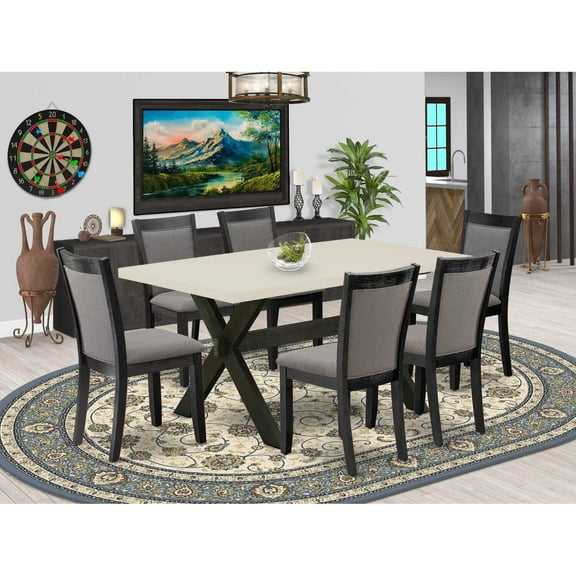 East West Furniture X626MZ650-7 7 Pc Dining Set - Linen White Dining Table with 6 Dark Gotham Grey Chairs - Wire Brushed Black Finish