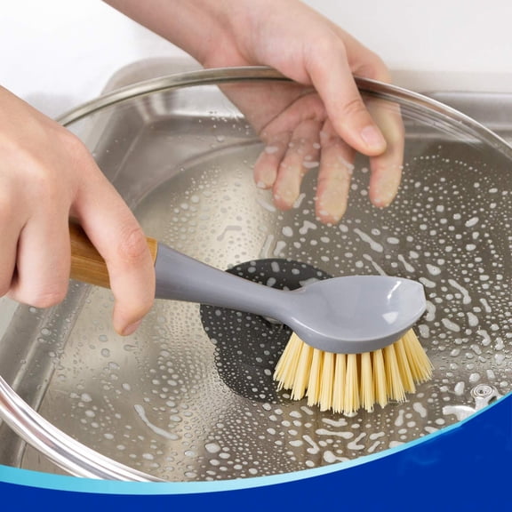 Natural Bamboo Dish Brush - Wooden Handle Pot Brush ,Non-Scratch, Odorless Nylon Bristles, Durable Scrub Brush with Scraper for Grease & Grime, Safe Cleaning Brush for Non-Stick Cookware