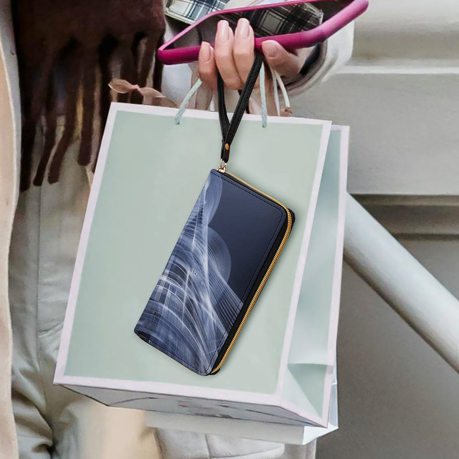 Womens Wallet Bifold Ladies Cluth Bag Wristlet Wrist Strap Long Purse SHANGHAI Hologram Design