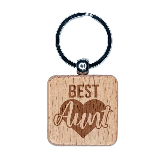 Best Aunt in Heart Square Keychain Charm Tag - Engraved Wood