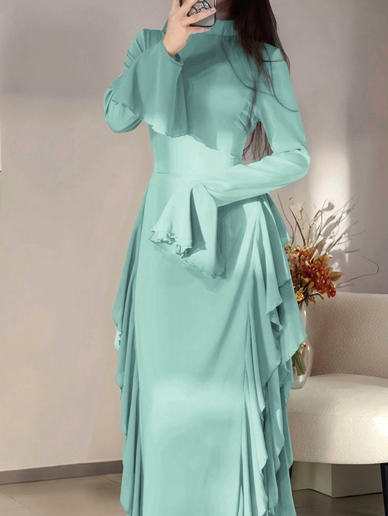 Women'S Bodycon Dresses Elegant Bell Sleeve Ruffle Hem Cocktail Party Long Dress Green M