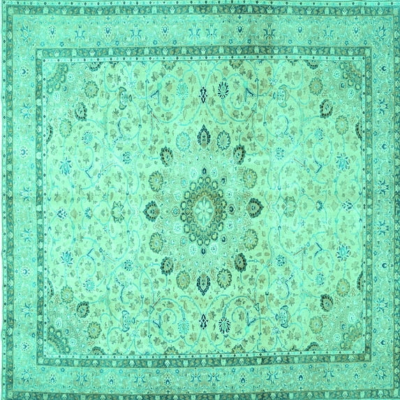 Ahgly Company Machine Washable Indoor Square Medallion Turquoise Blue Traditional Area Rugs, 5' Square
