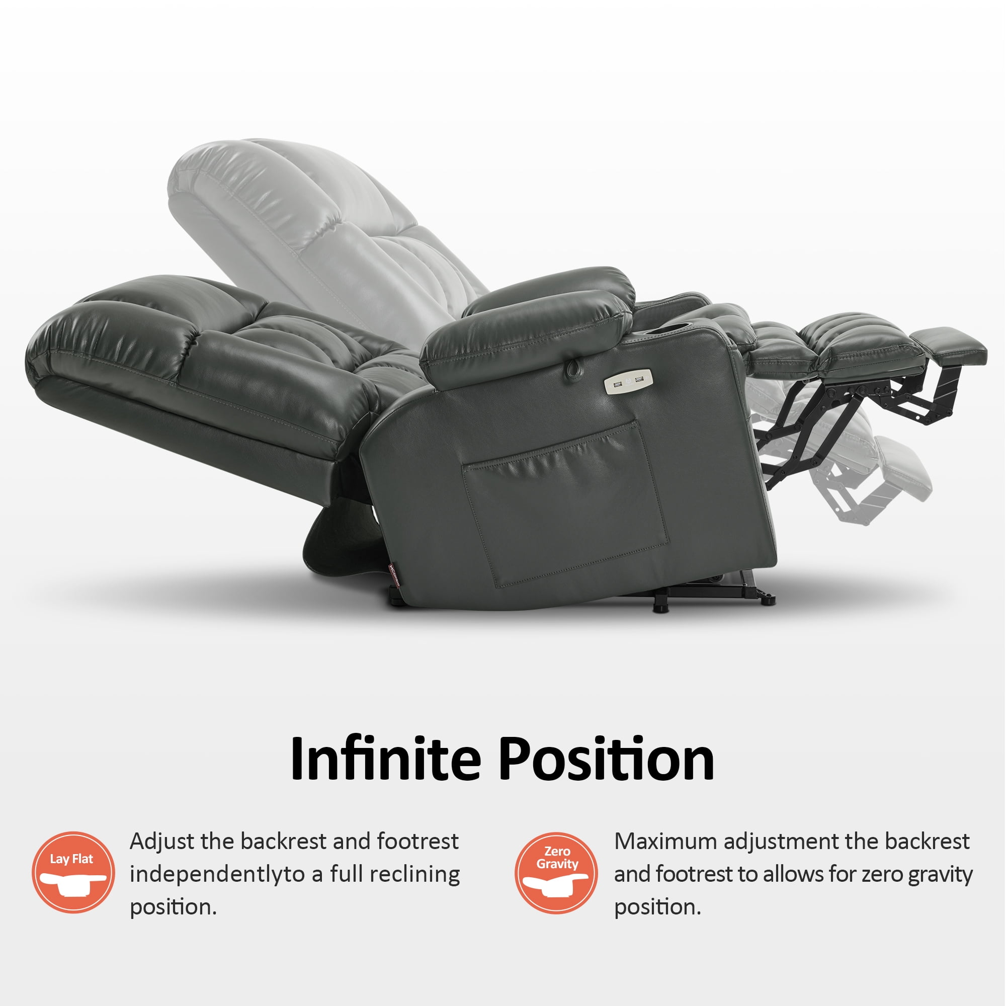 MCombo Large Dual Motor Power Lift Recliner Chair Sofa with Massage and Heat for Big Elderly People, Infinite Position, USB Ports, Faux Leather R7891 (Grey, Large-Wide)