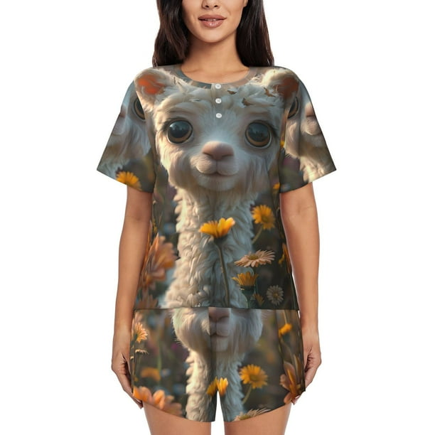 Balery Adorable Llama In Flowers Conjunto de Pijama para Mujer con Estampado, Dos Piezas de Manga Corta y Shorts, Ropa de Dormir Suave con Cuello Redondo y Bolsillos-Small