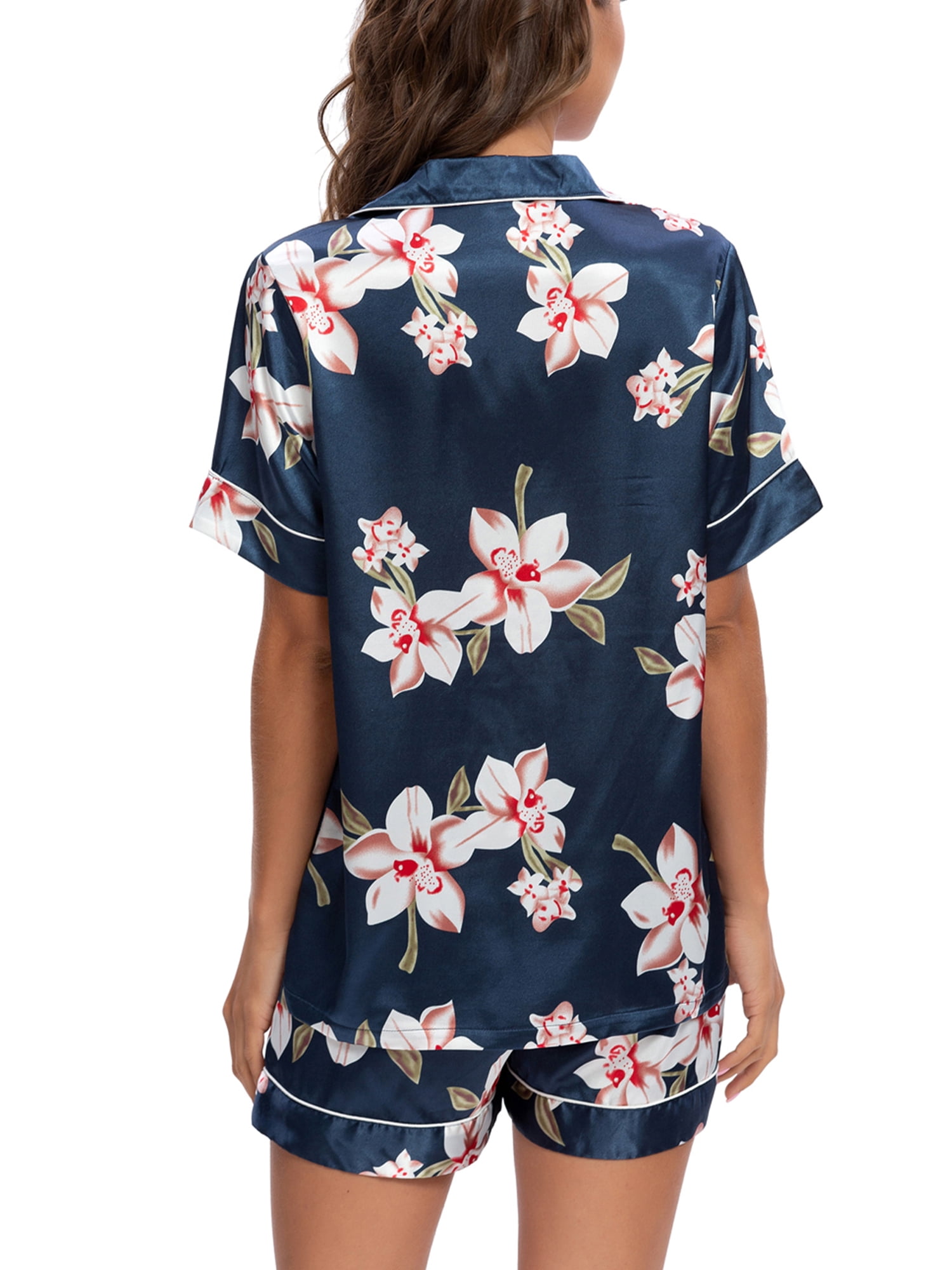 Unique Bargains Womens Floral Button Down Shirt Shorts Satin 2pcs Pajama Sleepwear Sets