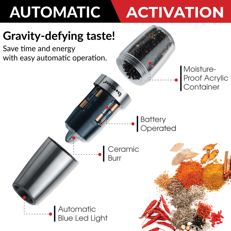 Automatic Gravity Spice Mill with LED Light Electric Salt and Pepper Shaker  Adjustable Ceramic Grinder Battery