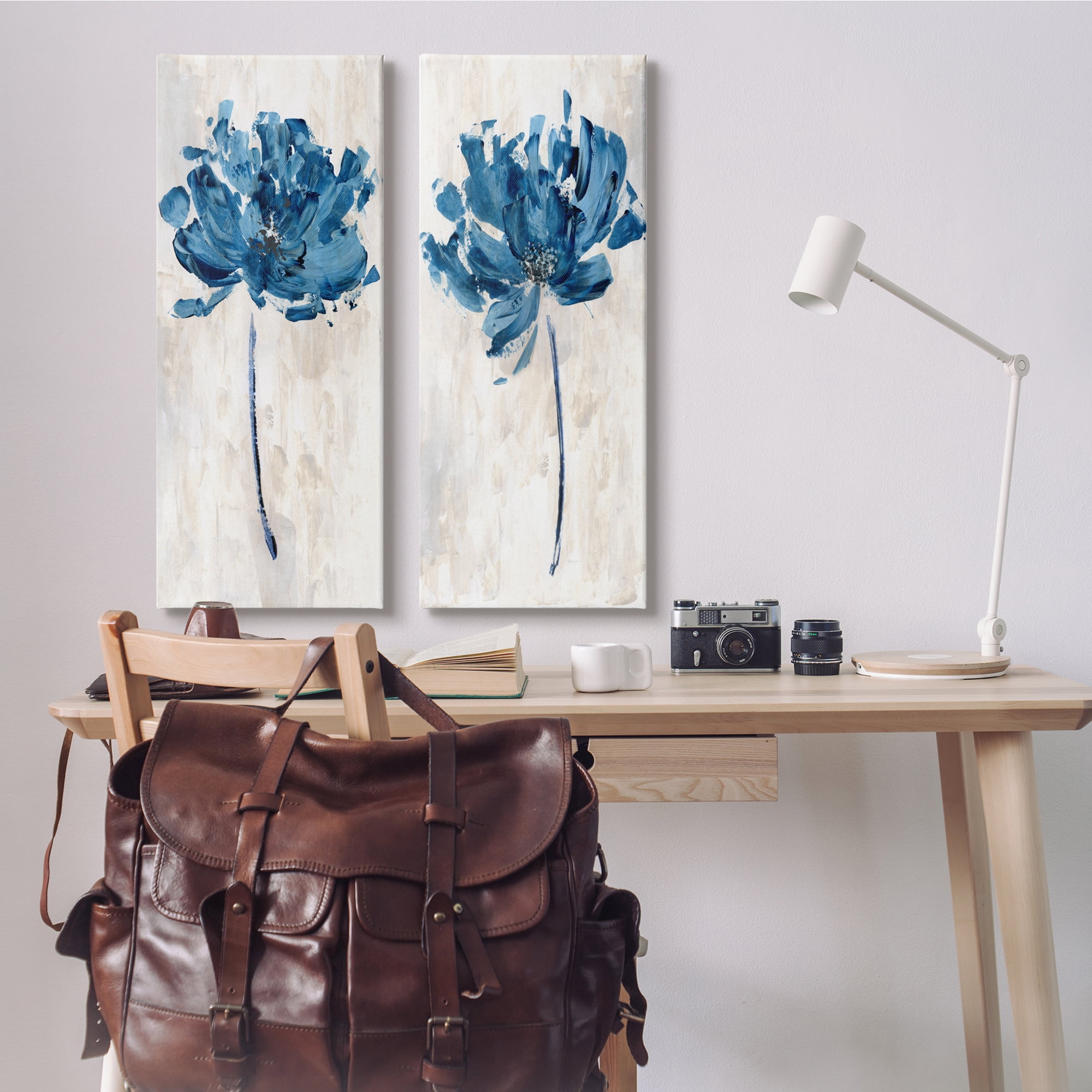Stupell Industries Vivid Blue Abstract Flowers Rustic Florals Neutral Beige, 13 x 30, Design by Katrina Craven