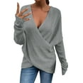 thumbnail image 2 of Deep V-Neck Sweaters for Women Women Fashion Solid Color Long Cross Loose Sleeve Knit Sweater Coat Fall Fashion 2023 Grey, 2 of 5