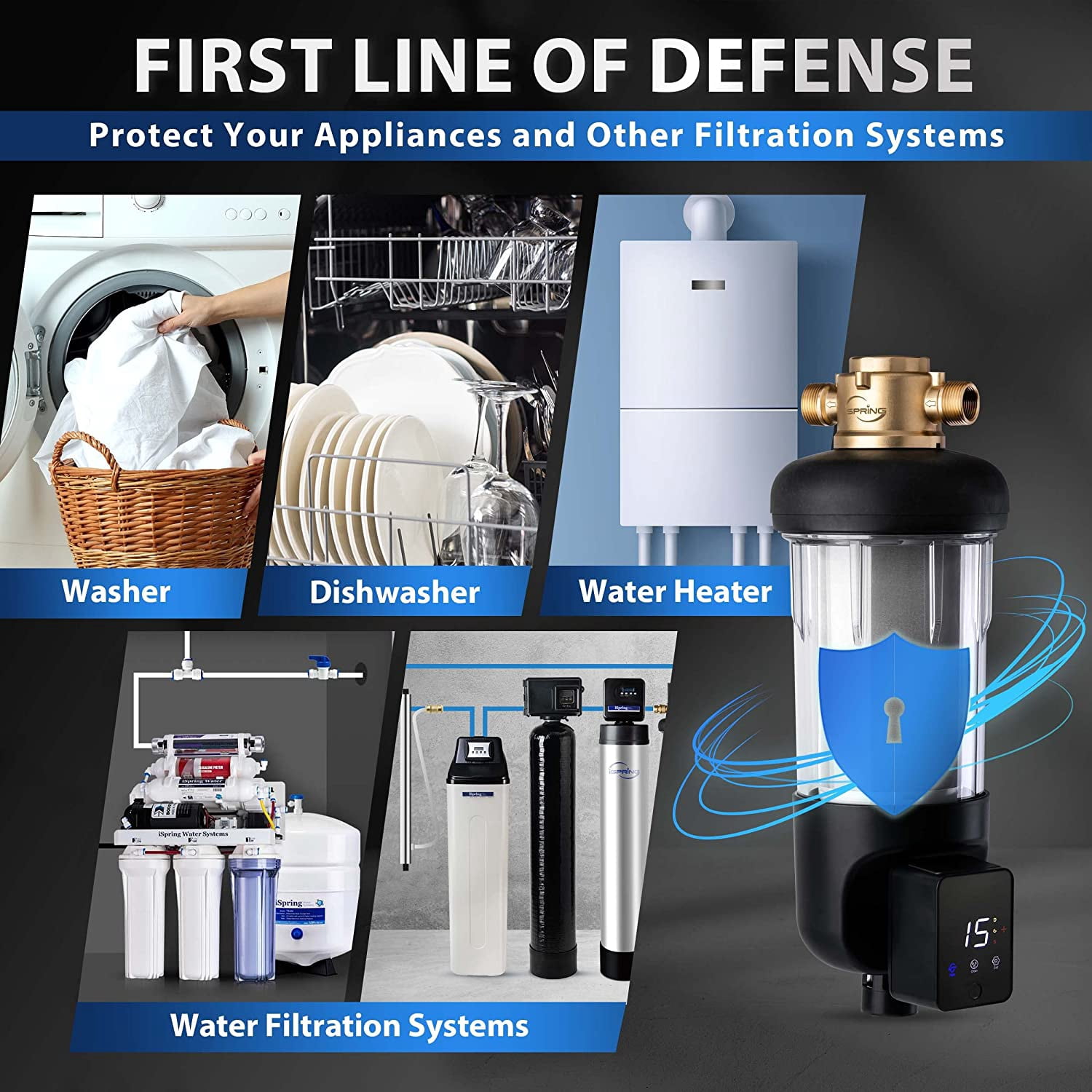 iSpring WSP50ARJ, NSF Certified, Spin-Down Sediment Water Filter, Upgraded Jumbo Size, Large Capacity, Reusable with Touch-Screen Auto Flushing Module, Brass Top Clear Housing, 50 Microns