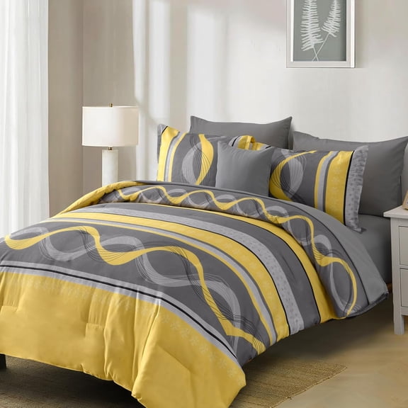 Yellow Comforter Set Full Size,8 Pieces Bed in a Bag Patchwork Striped Bedding Sets,Boho Soft Microfiber Bedding Set for All Season(78"Ă—90")