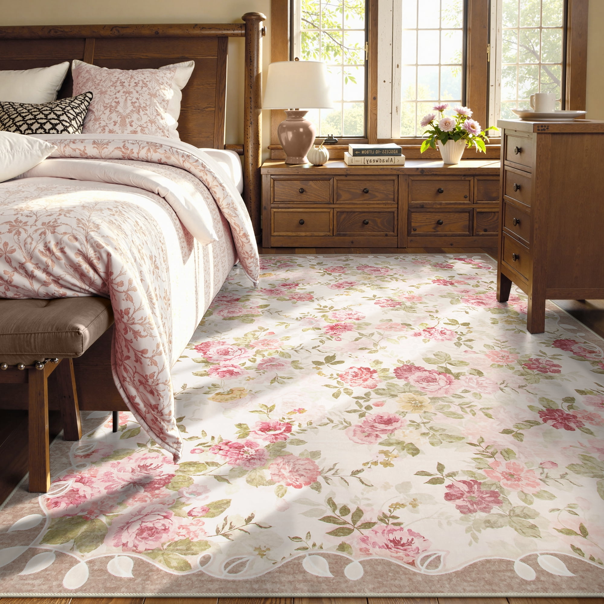 Lahome Decor 6'x9' Boho Floral Area Rug 6x9ft Washable Rugs for Living Room,Vintage Girls Rugs for Bedroom Ultra-Thin Non Slip Nursery Rug Girl Carpet for Playroom Dining Room Nursery,Beige